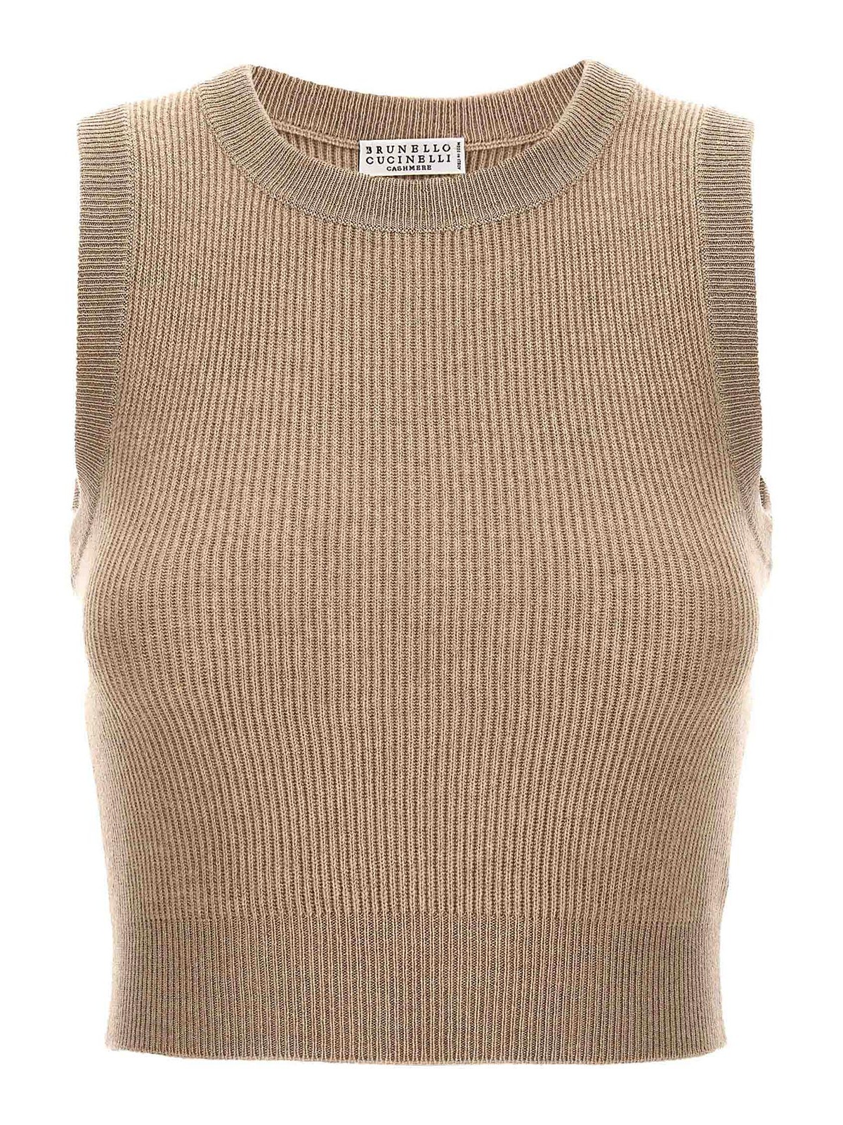 Brunello Cucinelli Metallic Cashmere-silk Rib Cut-in-shoulder Tank Top In Beige