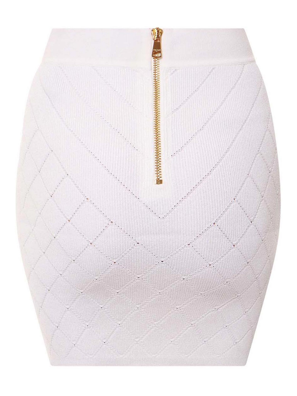 Shop Balmain Knit Skirt With Rhombus Motif In White