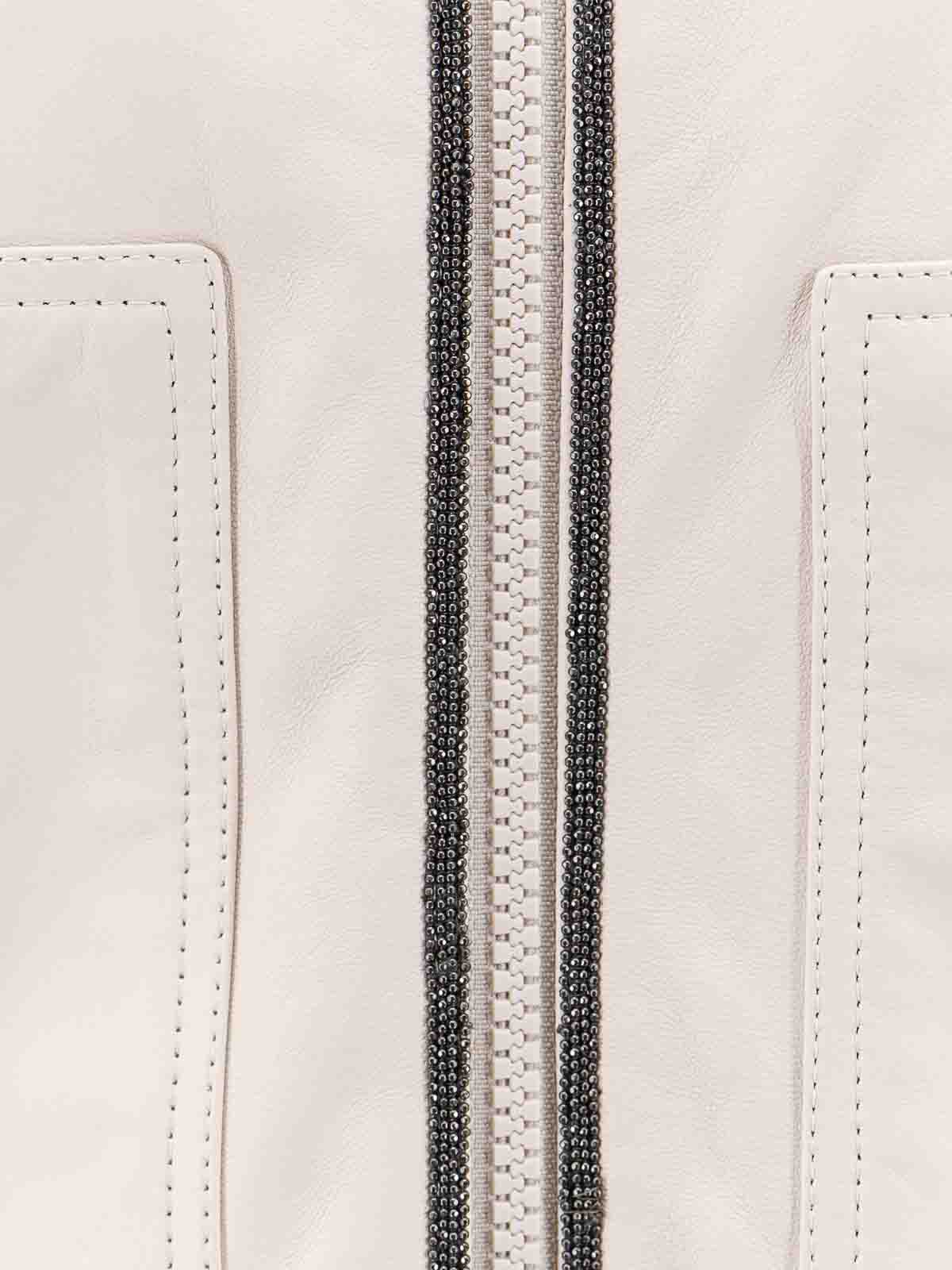 Shop Brunello Cucinelli Leather Jacket With Monili Profiles In Beige