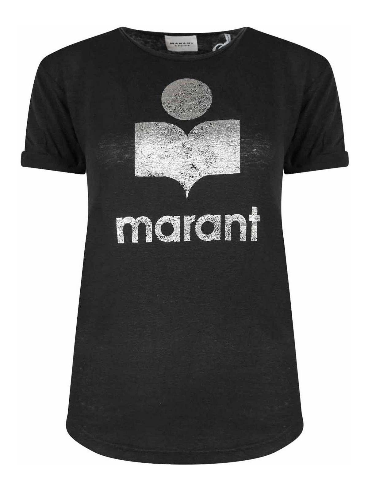 Shop Isabel Marant Linen T-shirt With Laminated Logo In Black