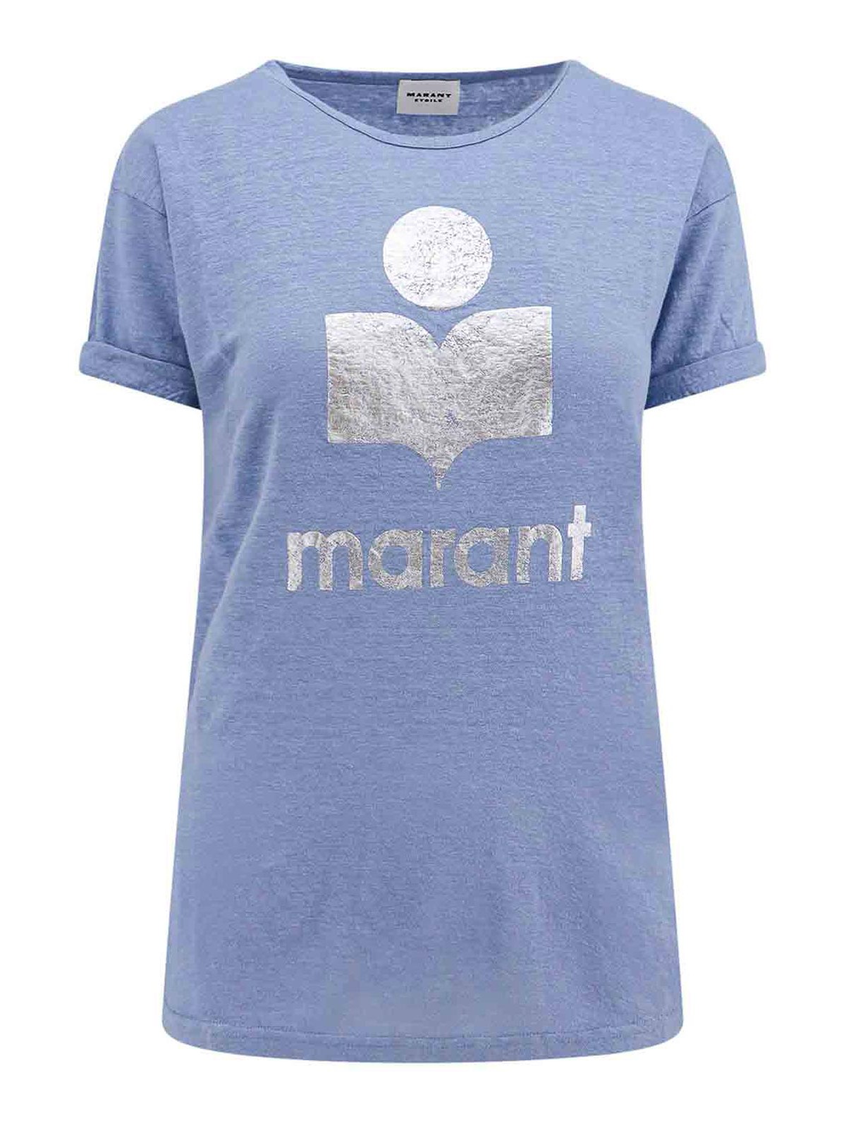 Isabel Marant Linen T-shirt With Laminated Logo In Blue
