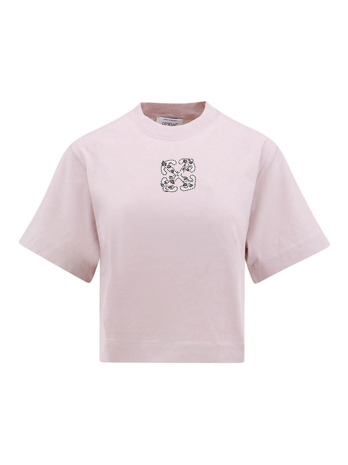 OFF-WHITE COTTON T-SHIRT WITH BLING LEAVES MOTIF