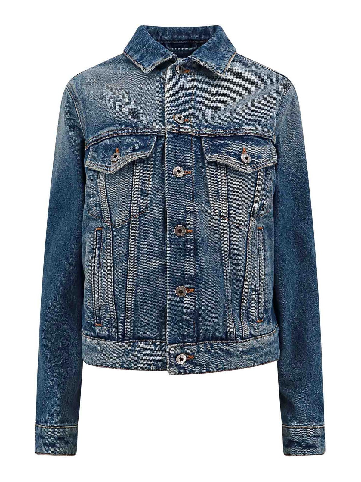 Shop Off-white Denim Jacket With Leather Logo Patch In Blue