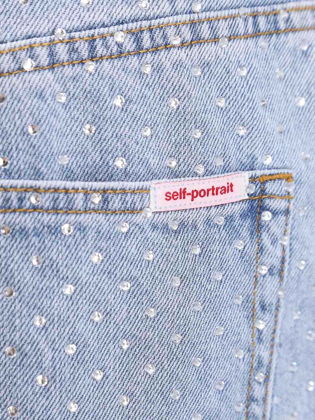 Shop Self-portrait Cotton Jeans With All-over Rhinestones In Blue