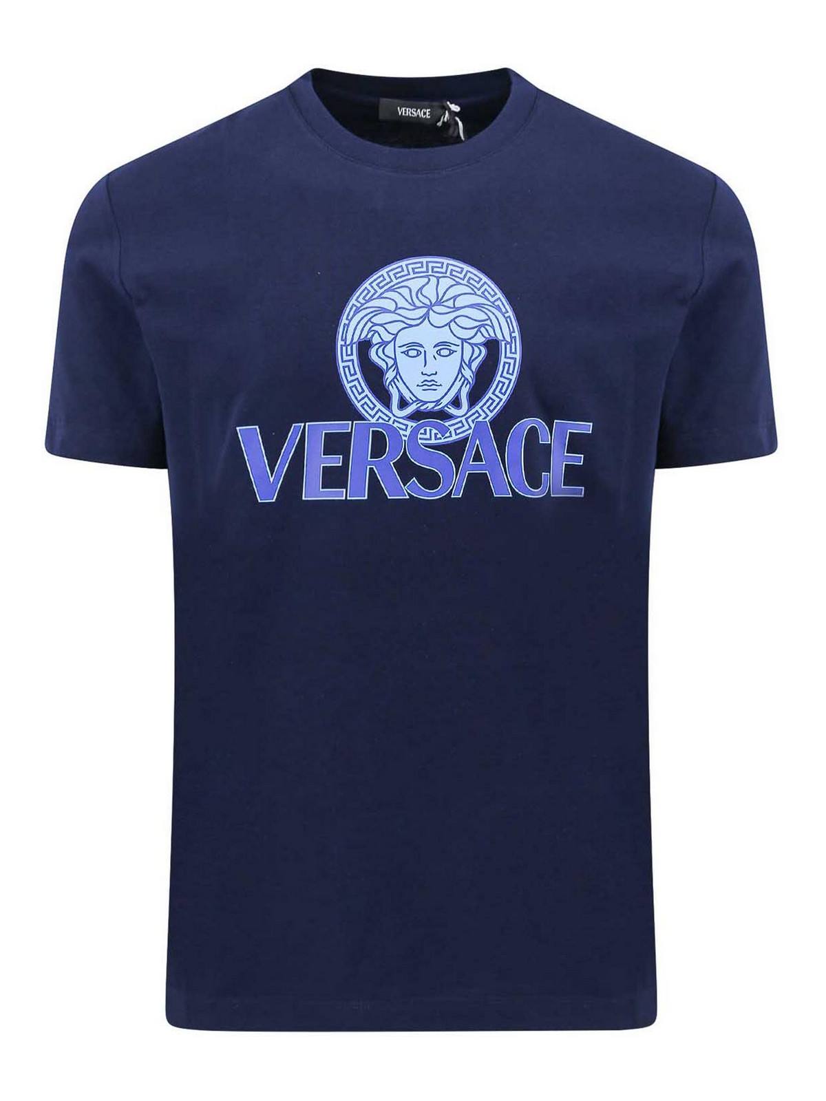 Shop Versace Jersey Cotton T-shirt With Iconic Print In Blue