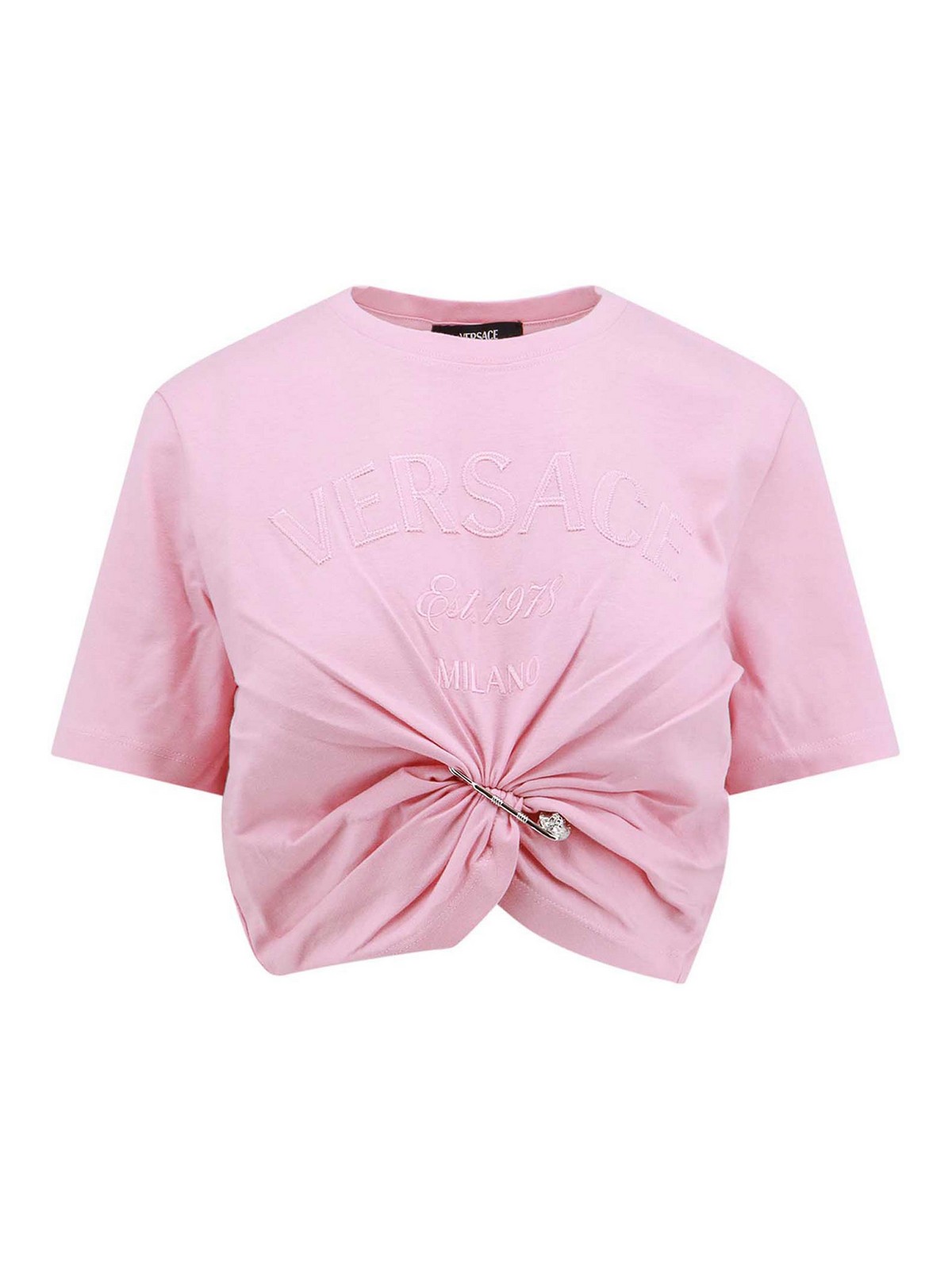 Versace Logo And Safety Pin Cotton T-shirt In Nude & Neutrals