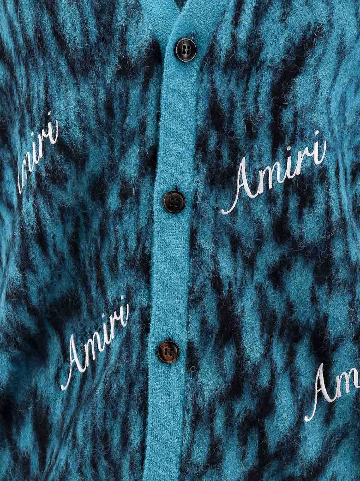 Shop Amiri Mohair Blend Cardigan With Embroidered Logo In Blue