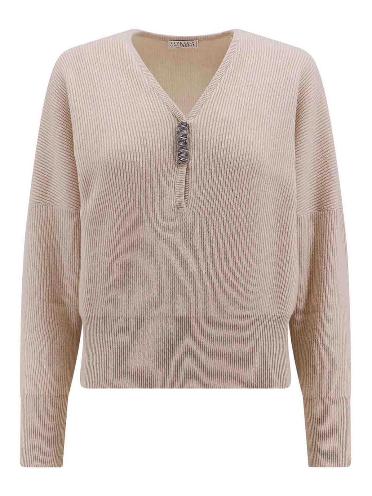 Brunello Cucinelli Cashmere Sweater With Iconic Jewel Details In Neutral