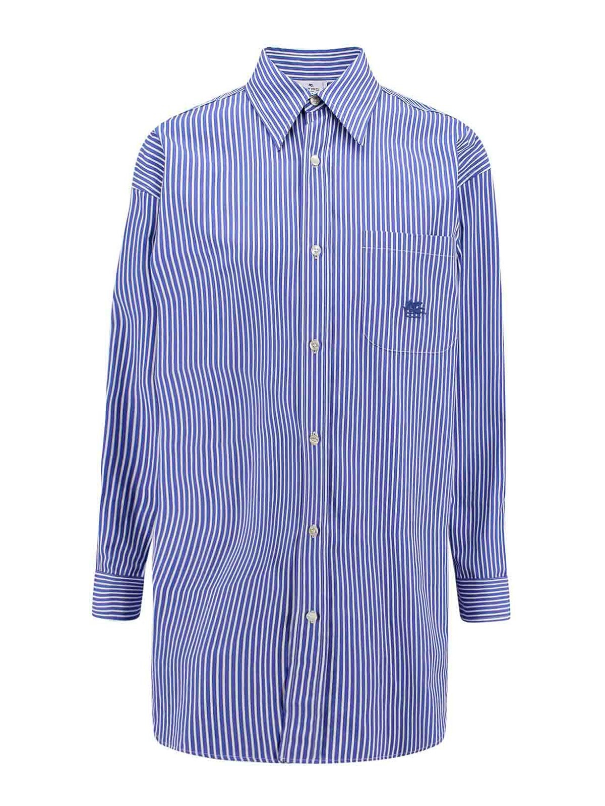 Shop Etro Cotton Shirt With Frontal Logo Embroidery In Blue