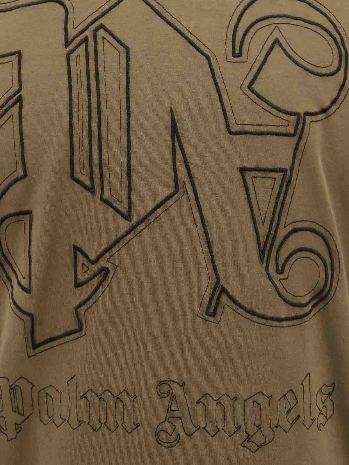Shop Palm Angels Cotton T-shirt With Embroidered Monogram In Brown