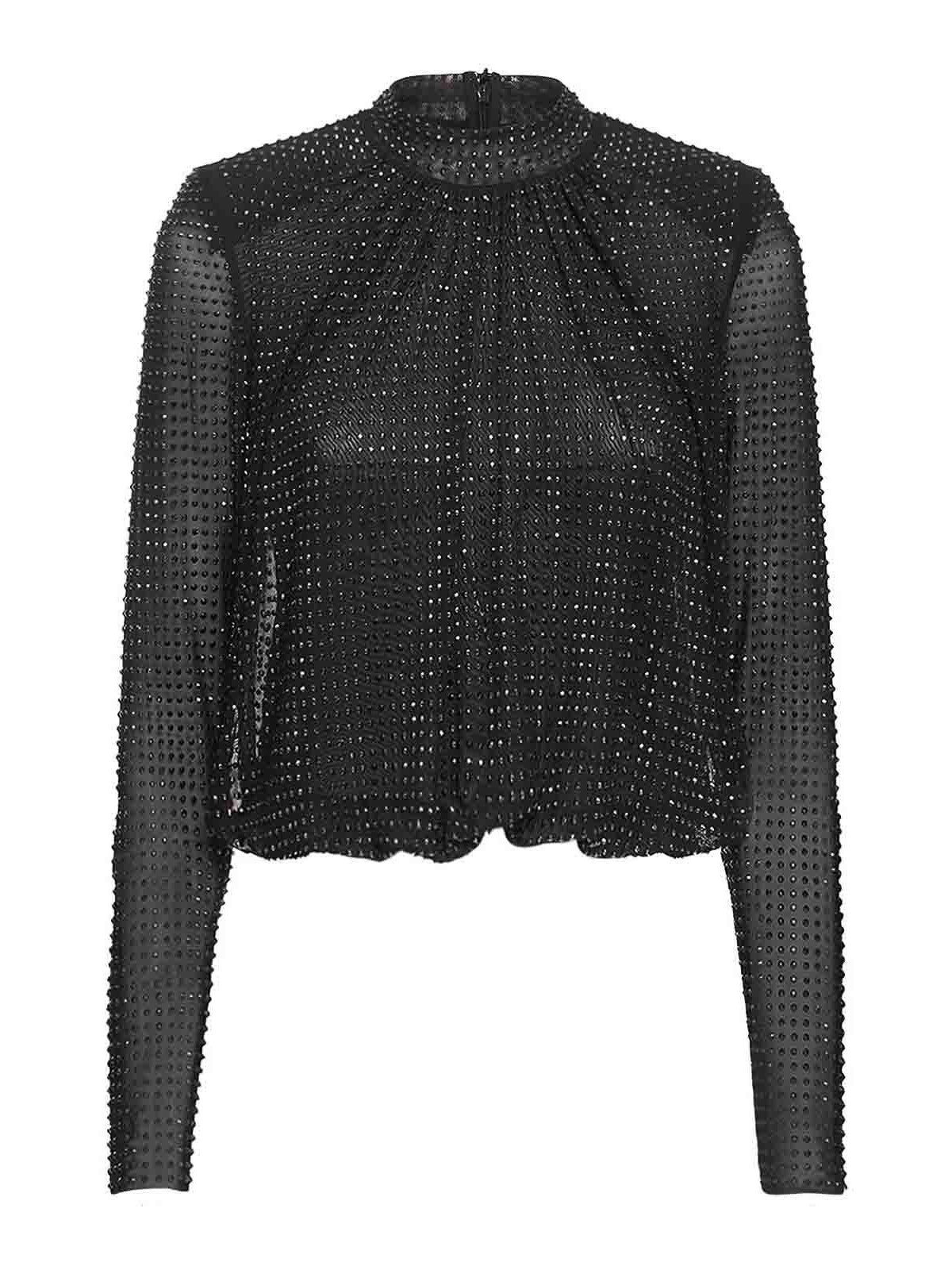 Self-portrait Mesh Top With All-over Rhinestones In Negro
