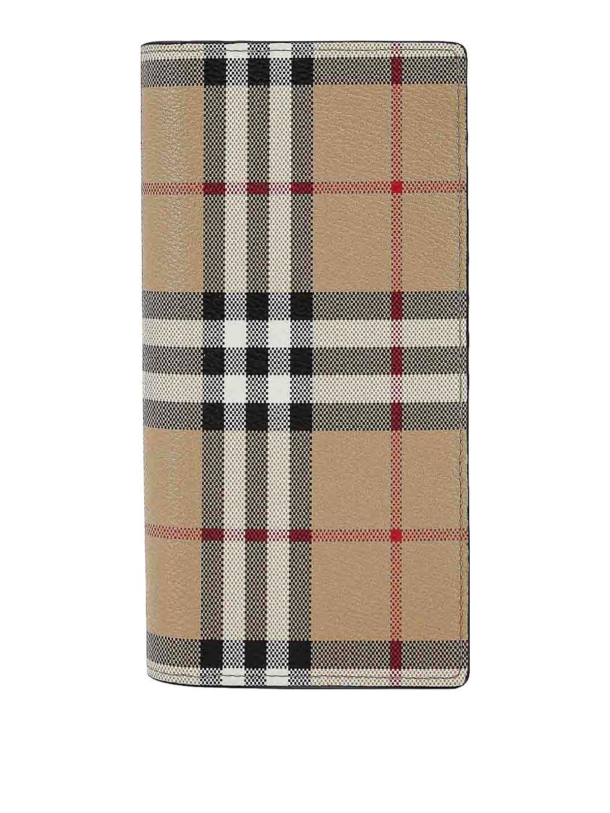 Burberry Coated Canvas Wallet With Check Motif In Brown