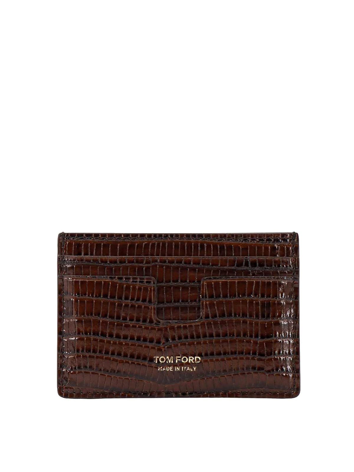 Tom Ford Leather Card Holder With Reptile Print In Brown