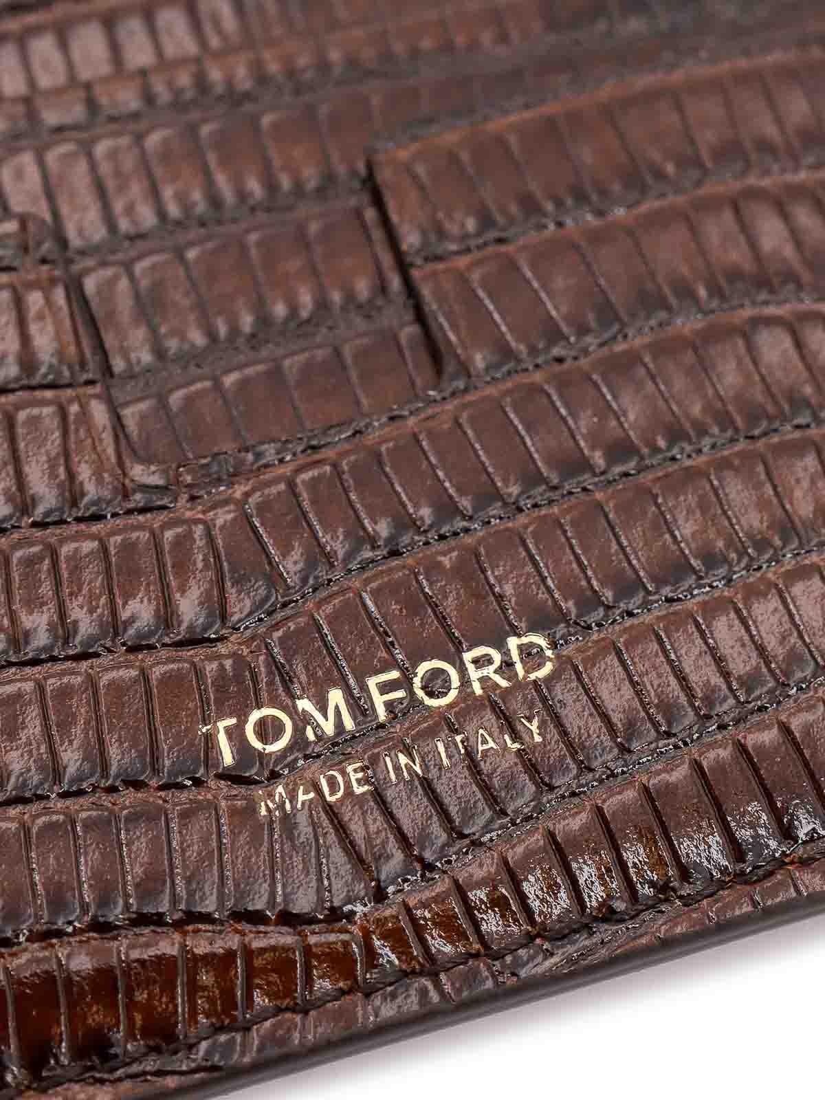 Shop Tom Ford Leather Card Holder With Reptile Print In Brown
