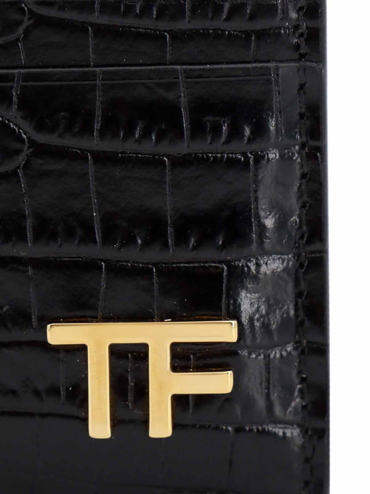 Shop Tom Ford Leather Card Holder With Croco Print In Black