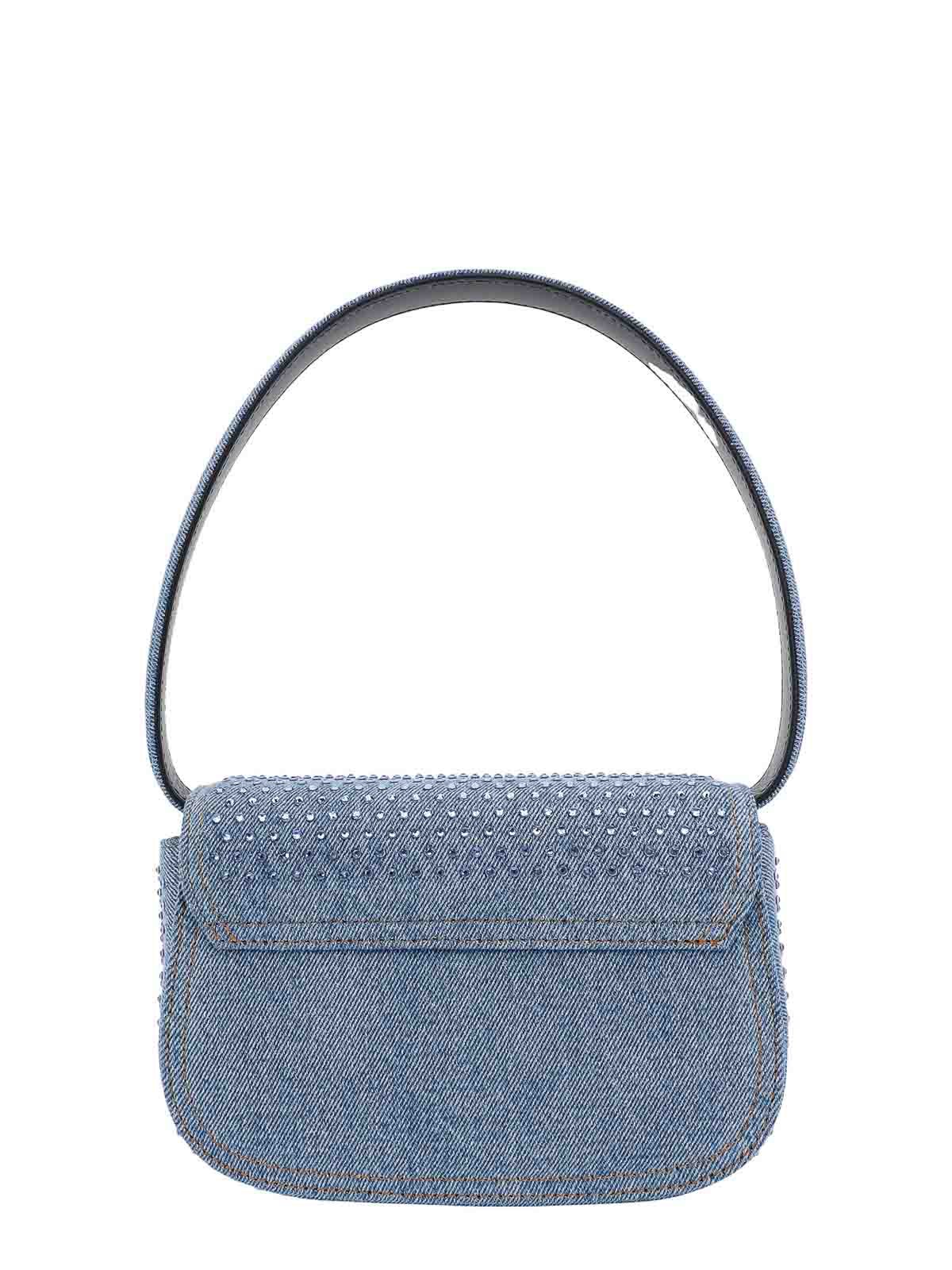 Denim shoulder bag with all-over rhinestones