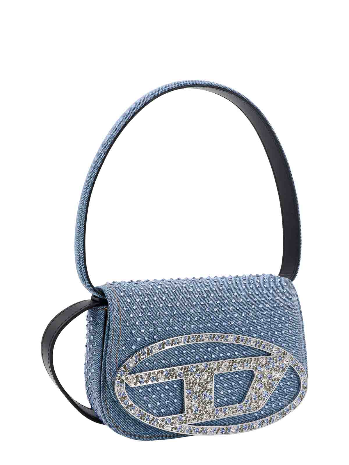 Denim shoulder bag with all-over rhinestones