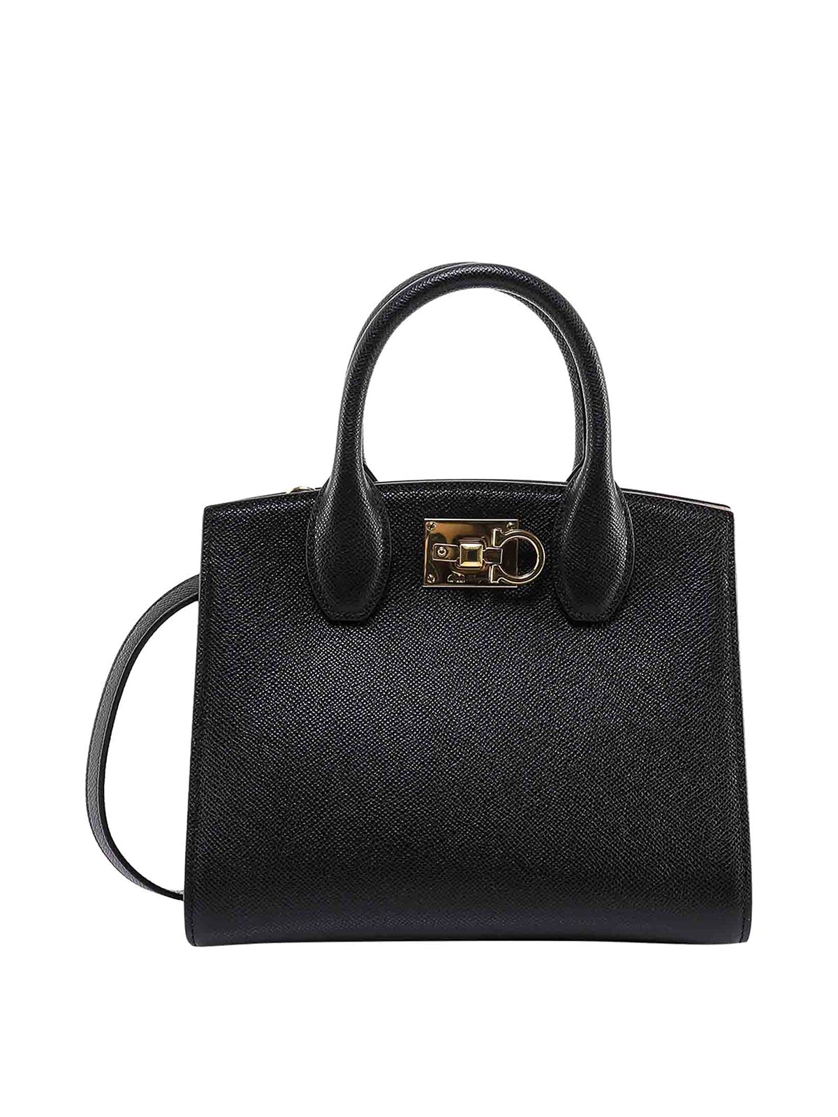 Ferragamo Leather Handbag With Metal Gancini Detail In Black