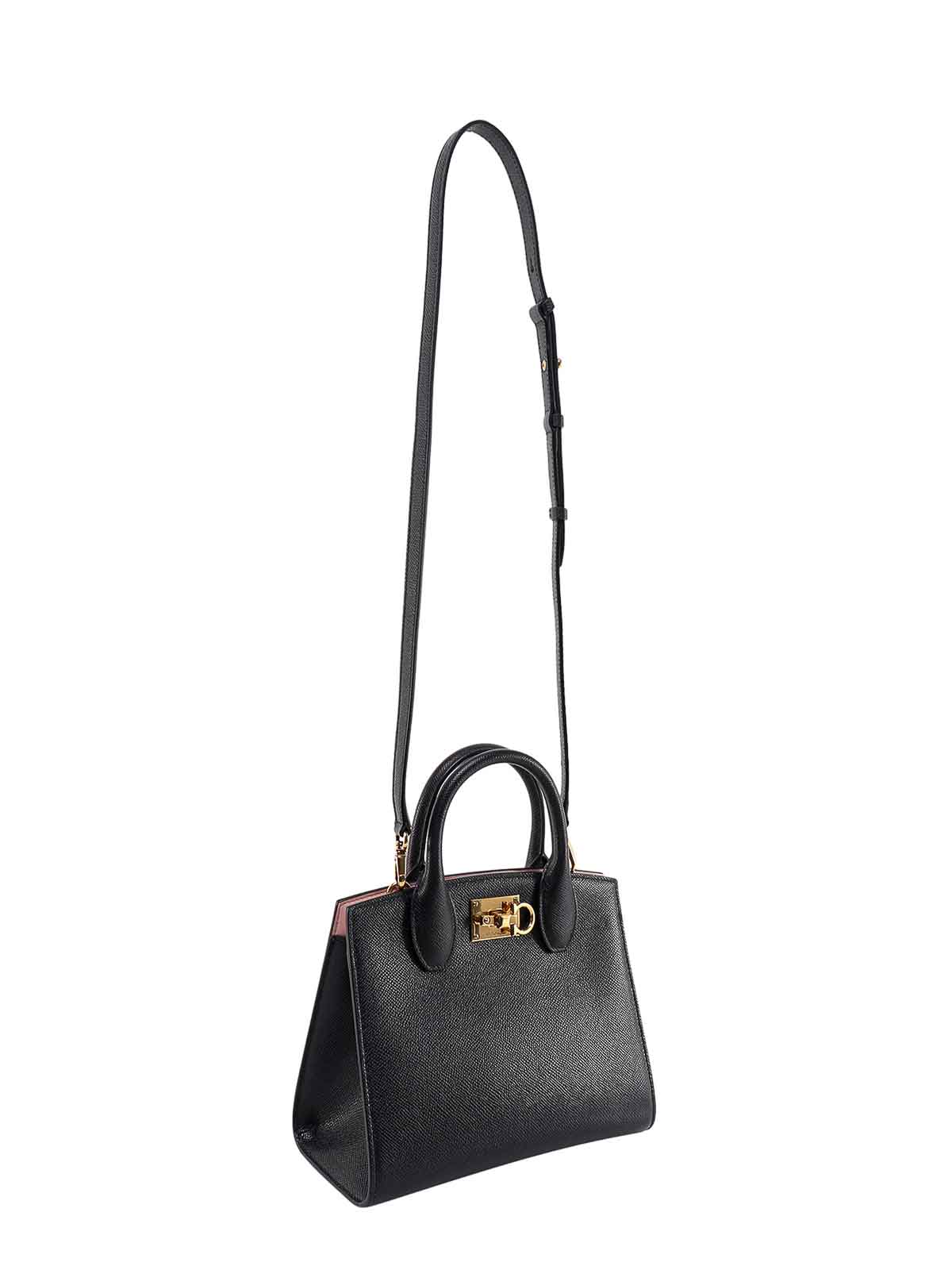 Shop Ferragamo Leather Handbag With Metal Gancini Detail In Black