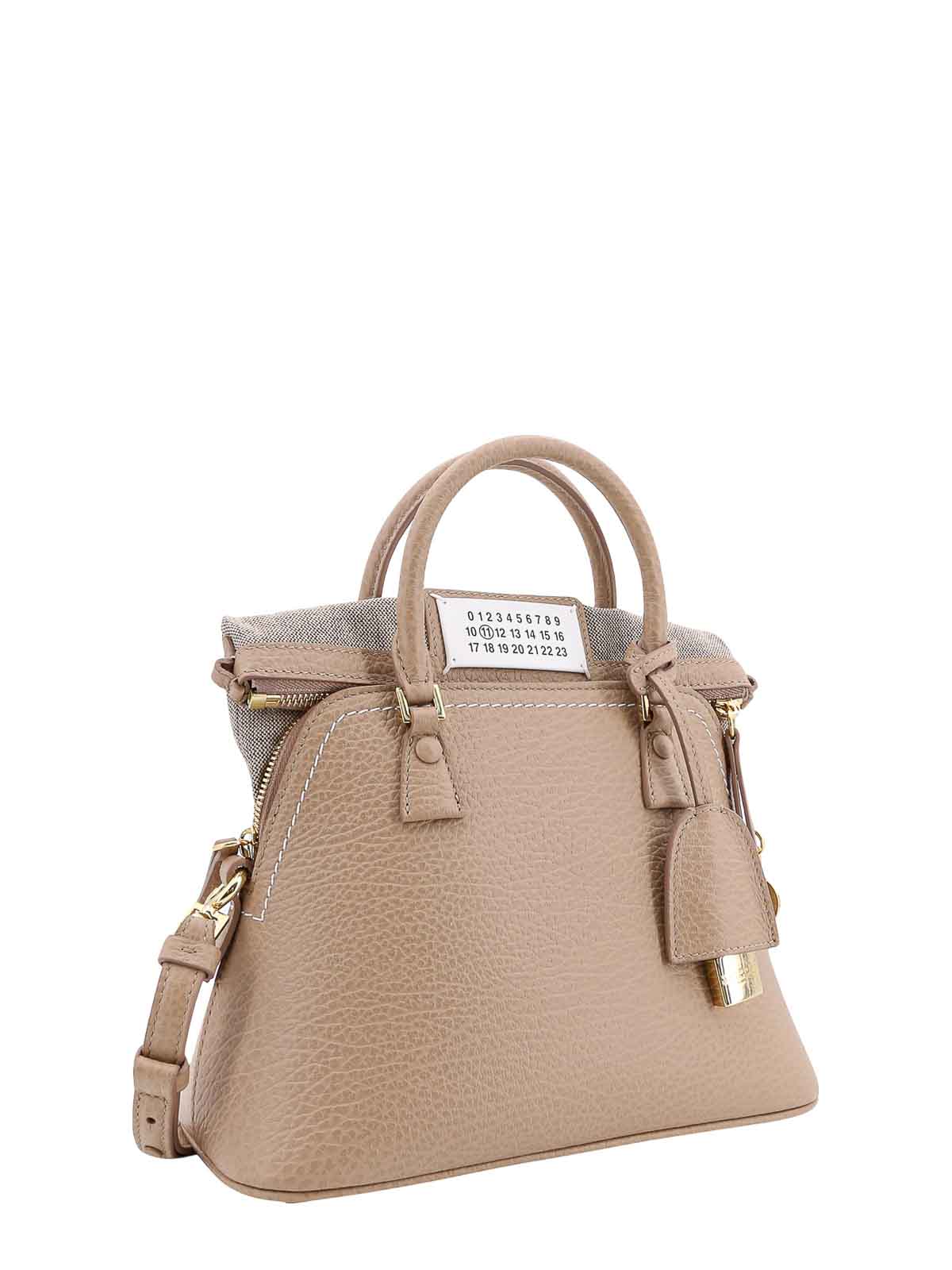 Shop Maison Margiela Leather Handbag With With Logo Patch In Beige