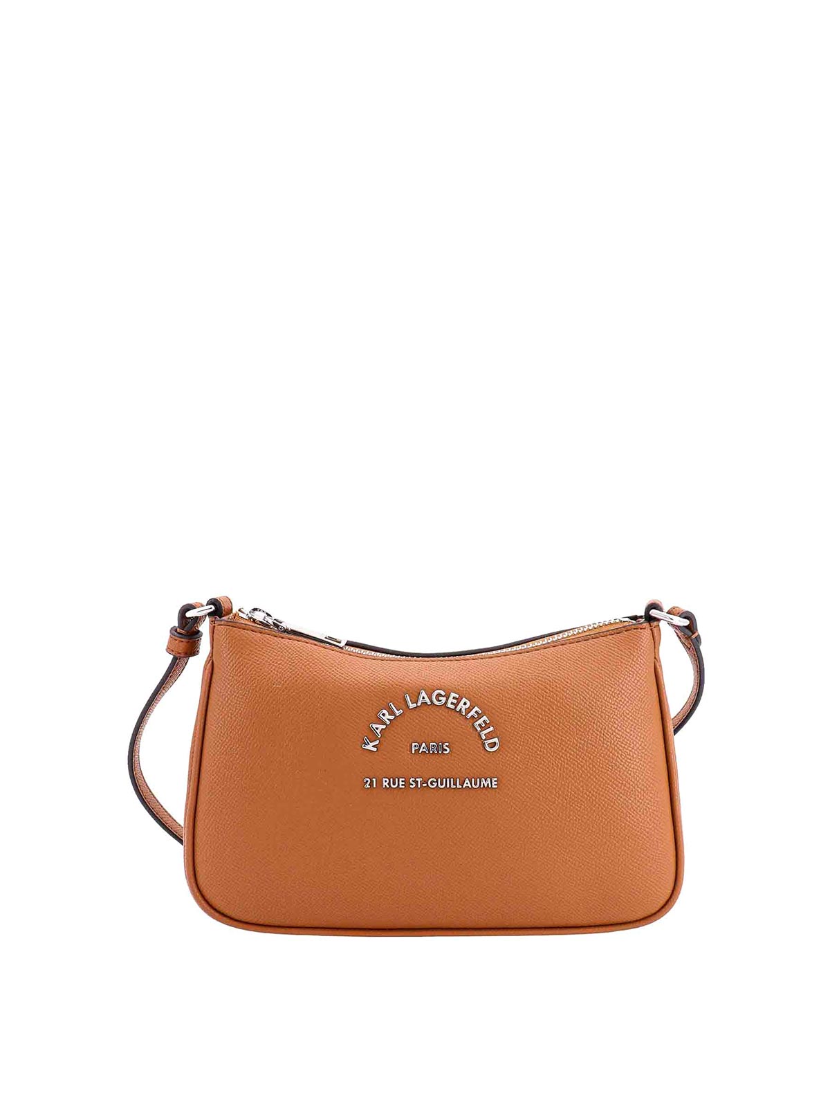 Shop Karl Lagerfeld Leather Shoulder Bag With Frontal Metal Logo In Brown