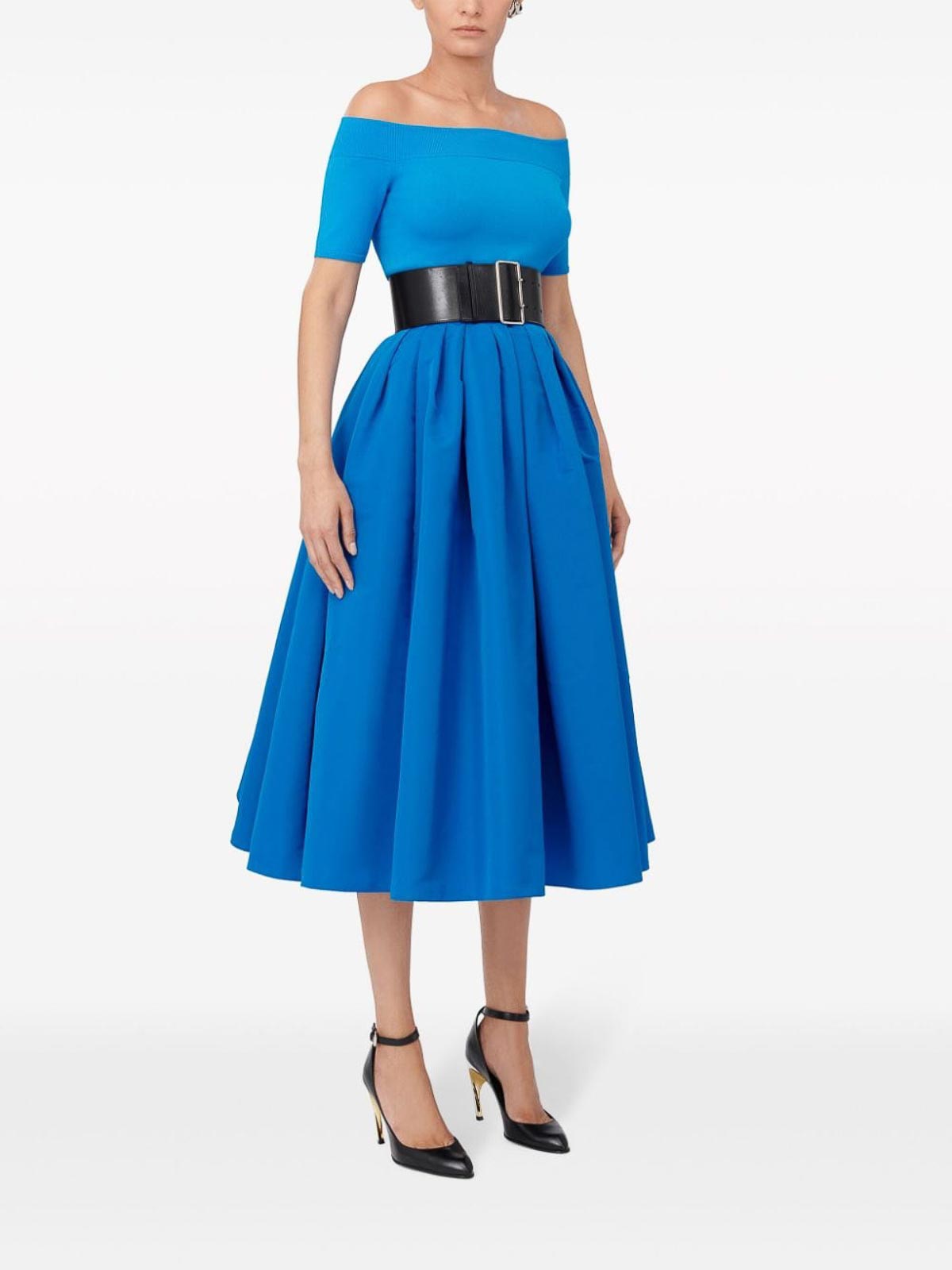 Shop Alexander Mcqueen Pleated Flared Midi Skirt In Azul