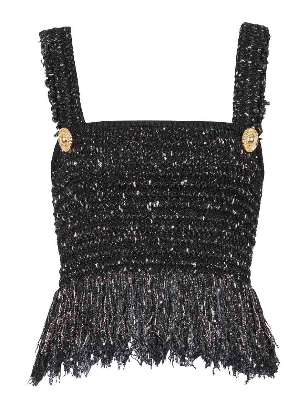 Shop Balmain Buttoned Fringed Tweed Cropped Top In Negro