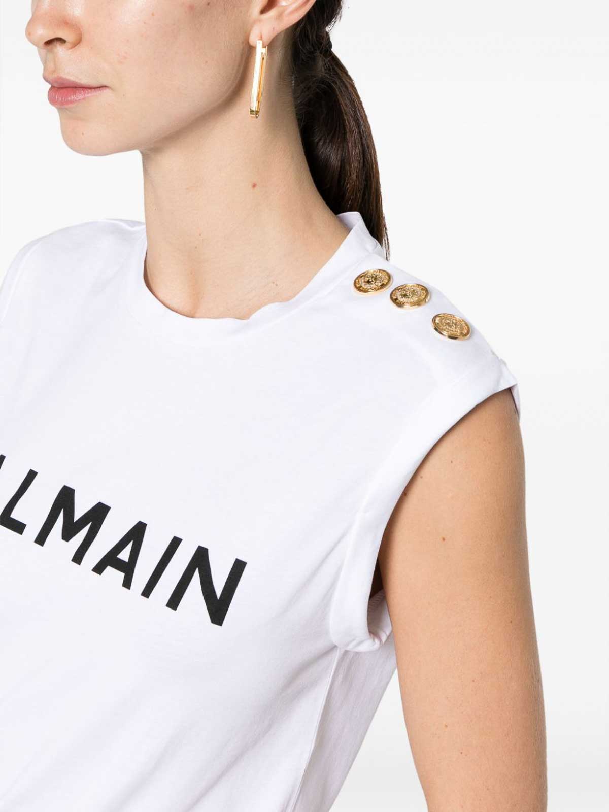 Shop Balmain Logo Organic Cotton Sleeveless Top In White