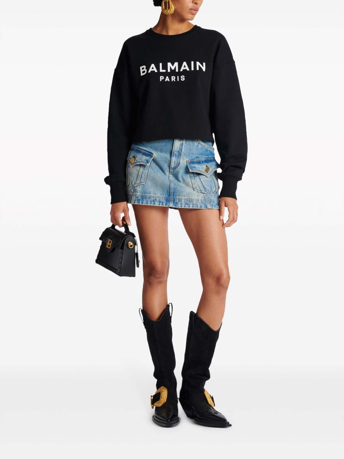 Shop Balmain Logo Organic Cotton Cropped Sweatshirt In Negro