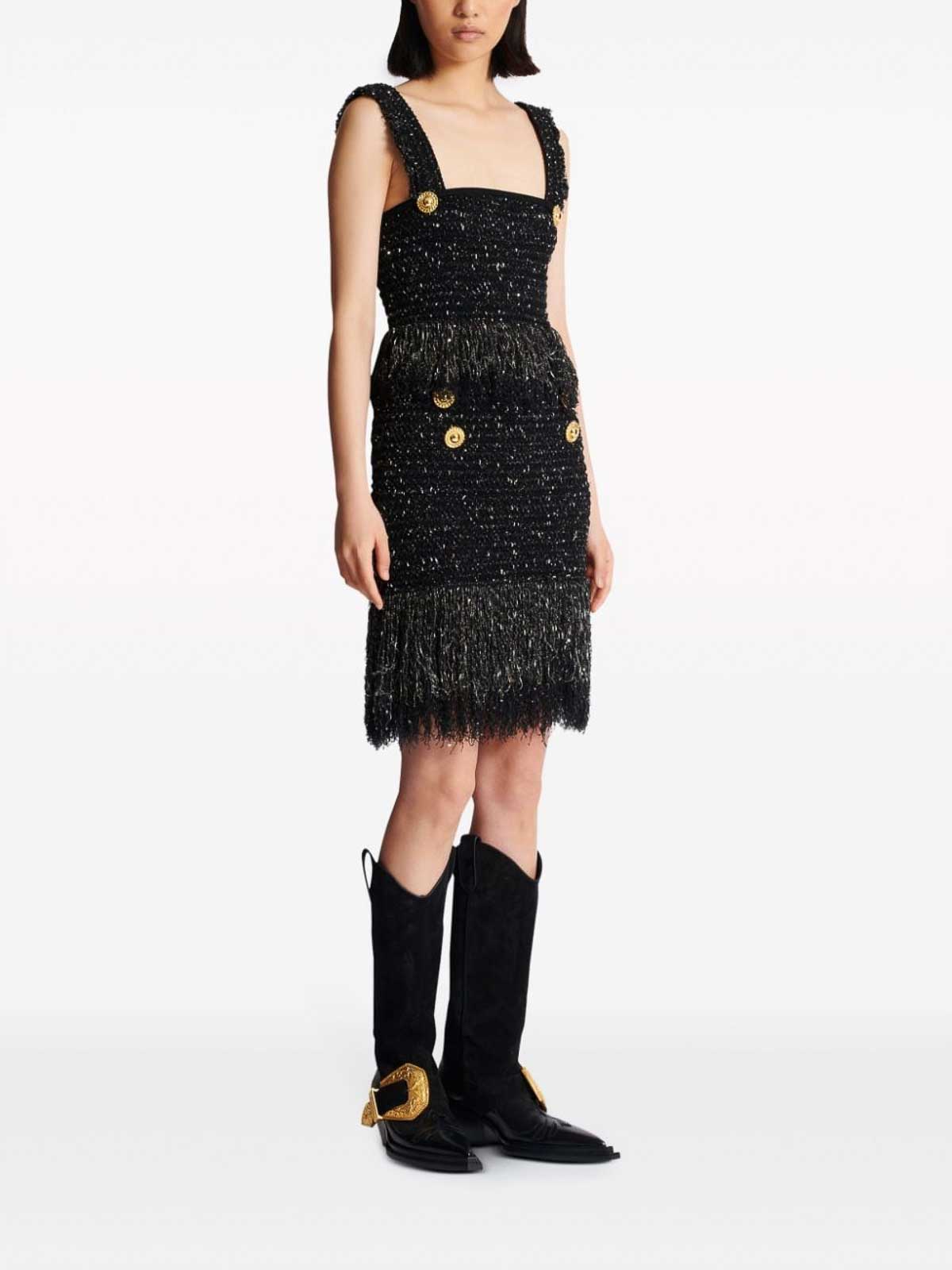 Shop Balmain Buttoned Fringed Tweed Short Skirt In Black