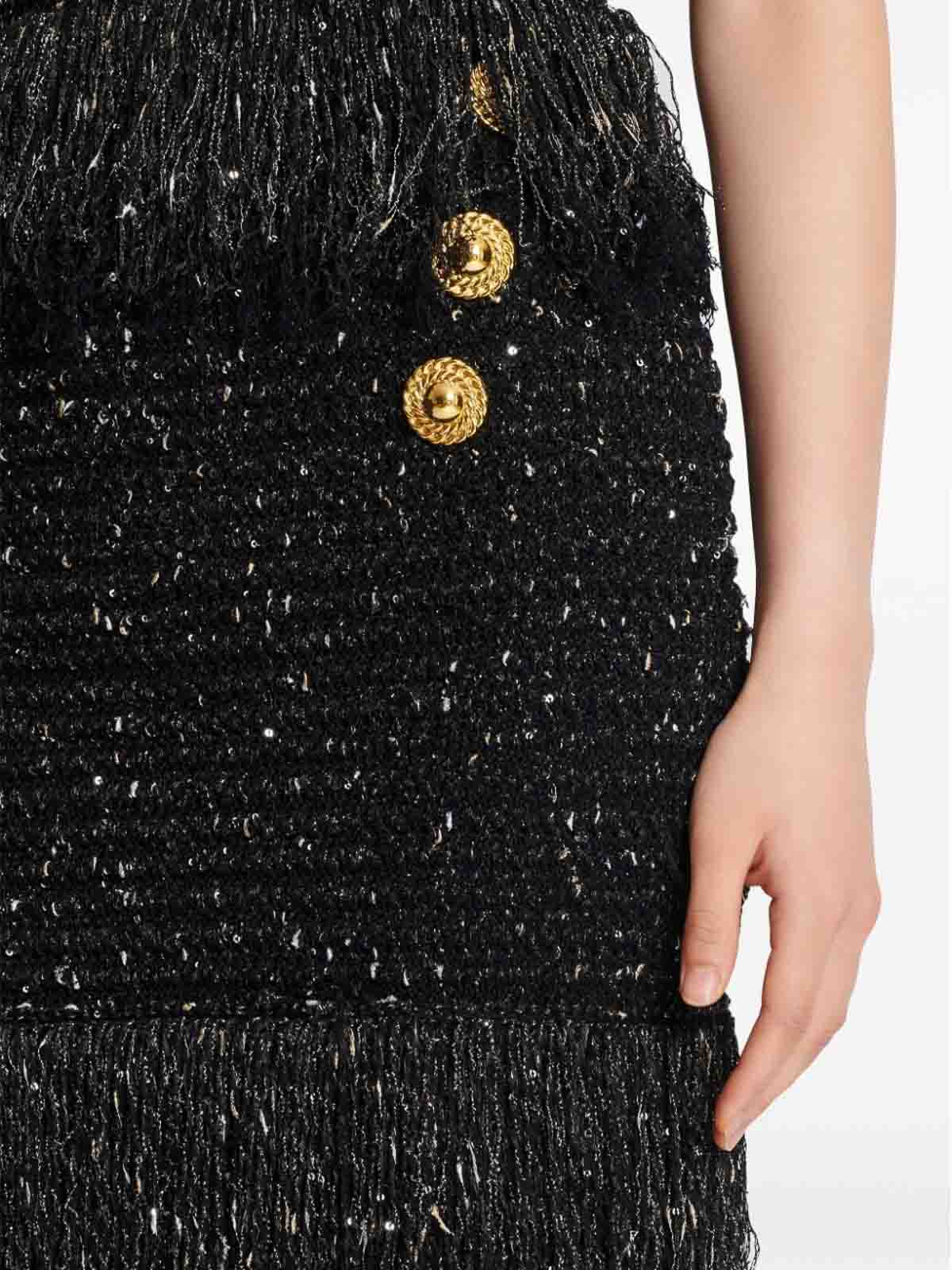 Shop Balmain Buttoned Fringed Tweed Short Skirt In Black