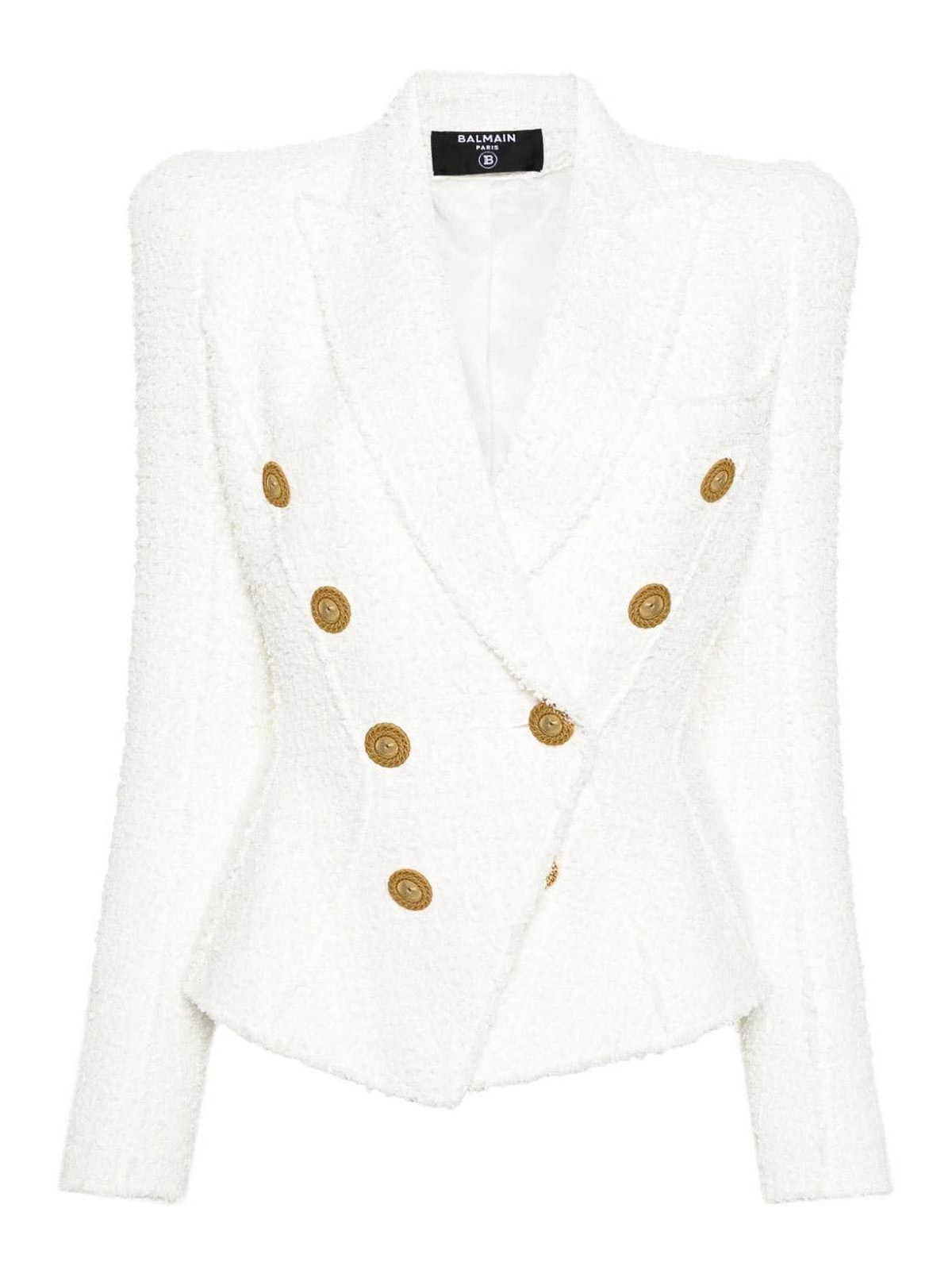 Shop Balmain Double-breasted Tweed Blazer In White