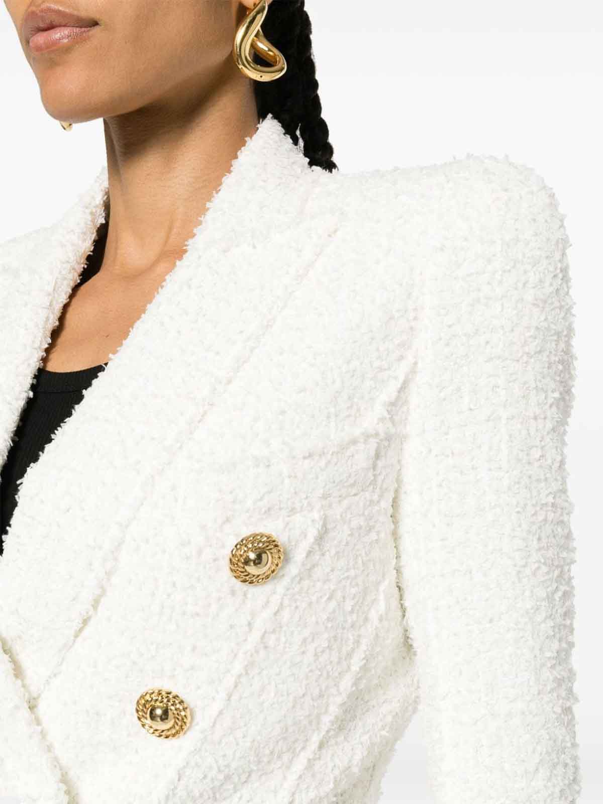 Shop Balmain Double-breasted Tweed Blazer In White