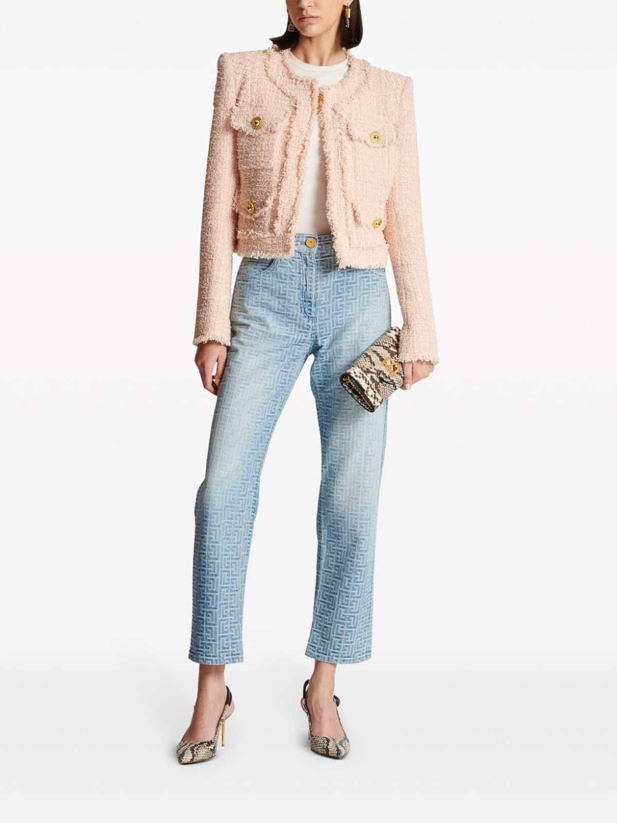 Shop Balmain Tweed Collarless Jacket In Light Pink