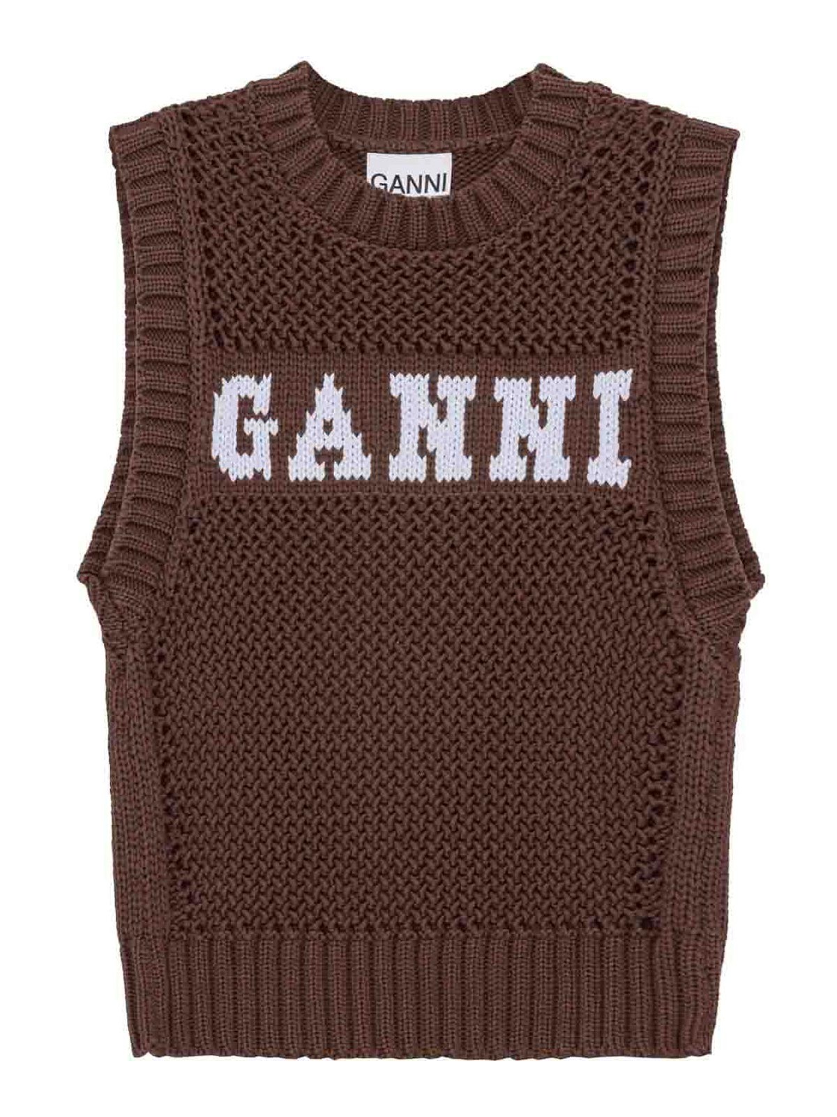 Shop Ganni Logo Crochet Vest In Brown