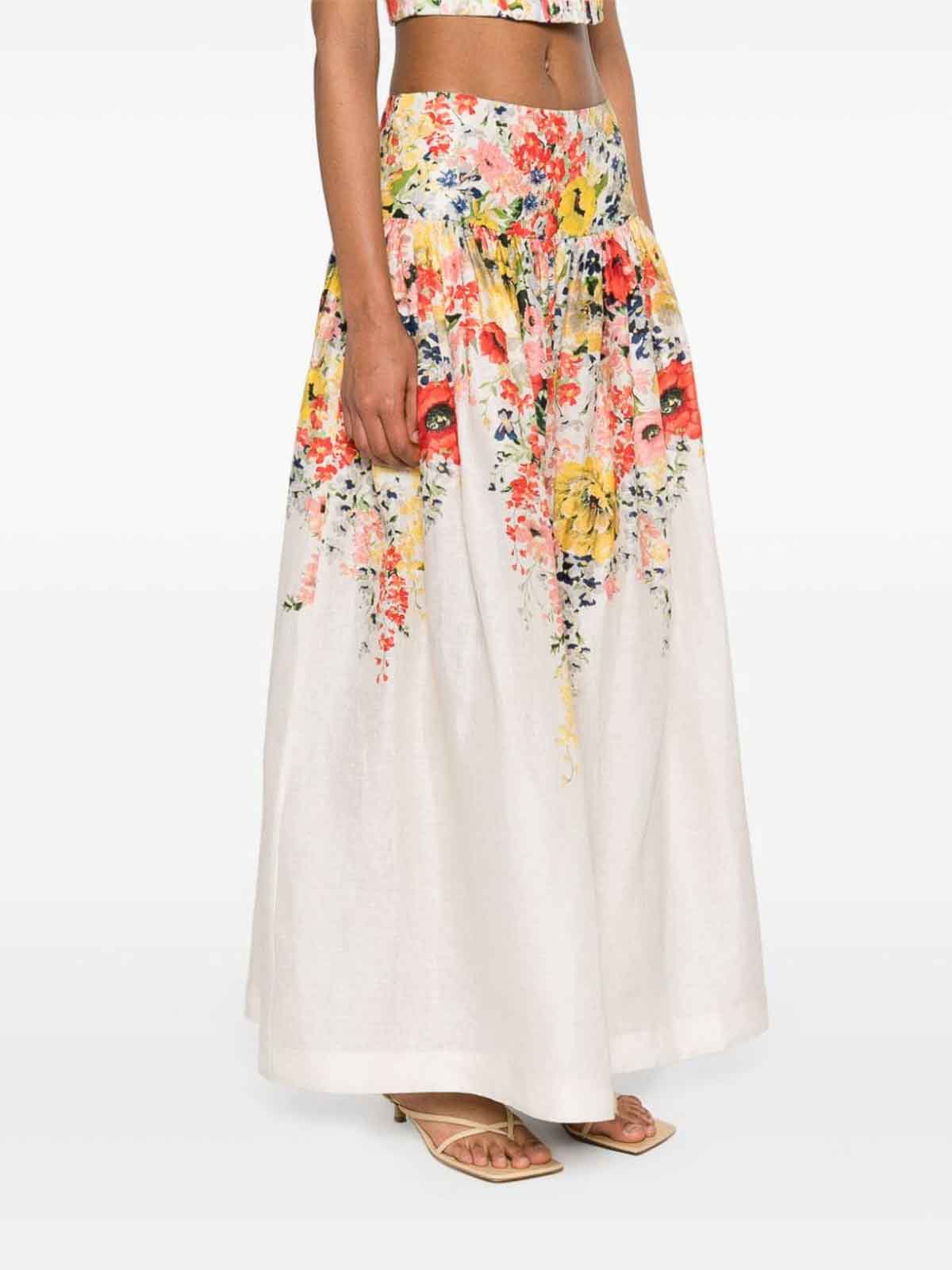 Shop Zimmermann Floral Print Linen Midi Skirt In White