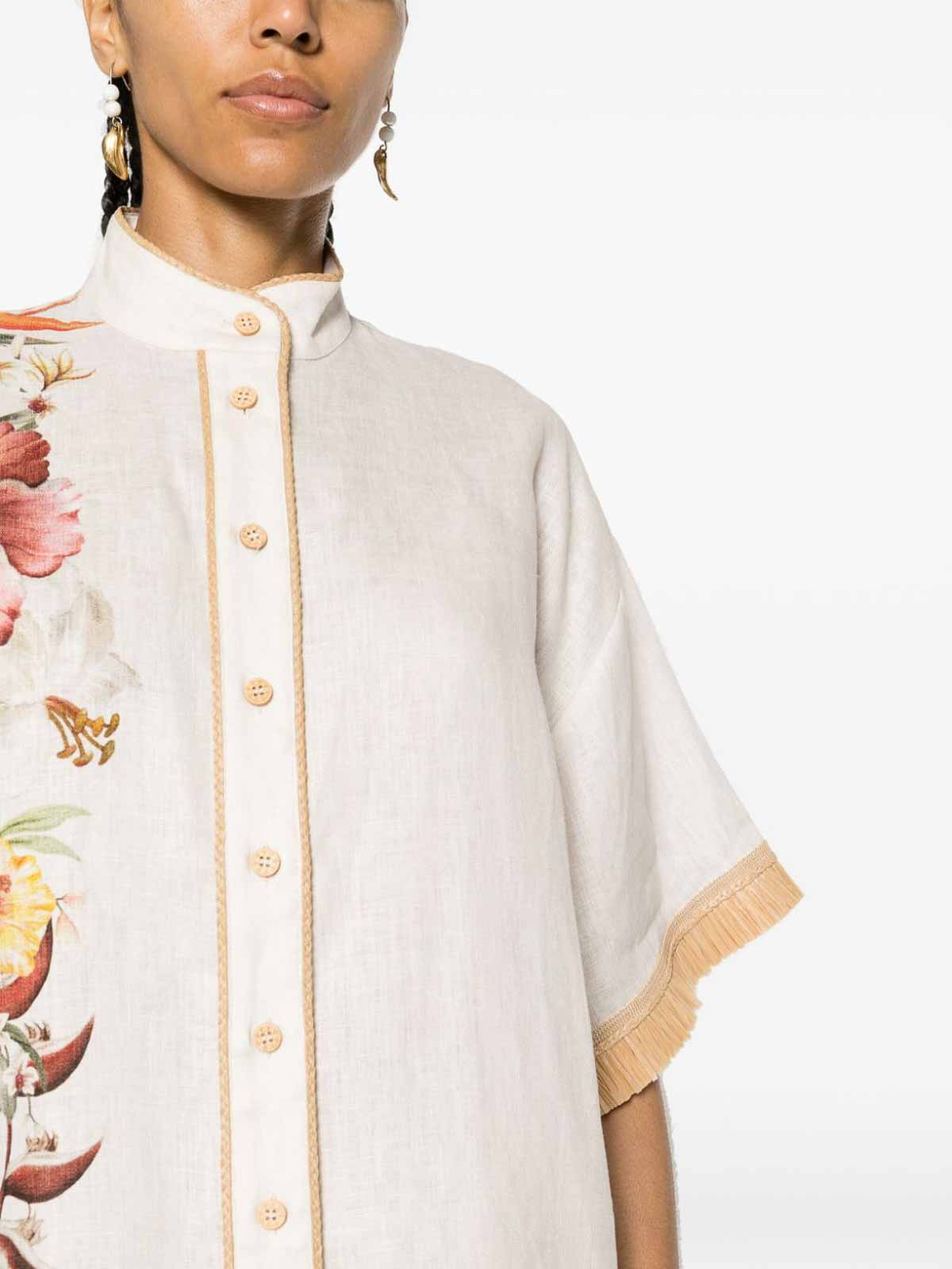 Shop Zimmermann Floral Print Linen Shirt In Blanco