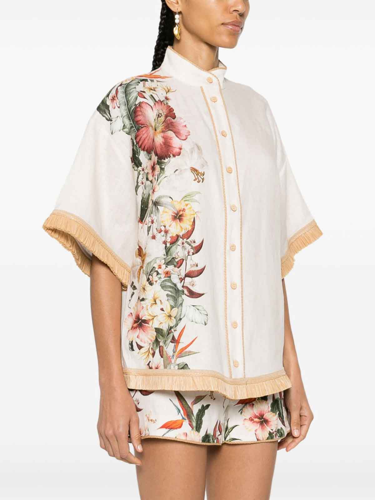 Shop Zimmermann Floral Print Linen Shirt In Blanco