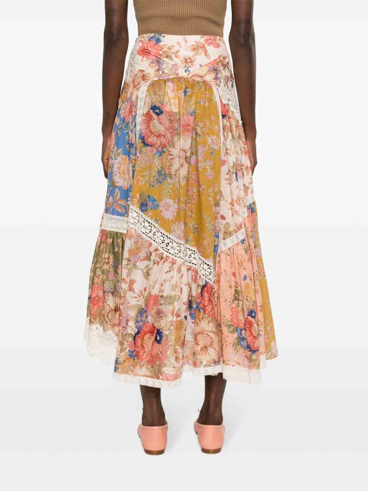 Shop Zimmermann Floral Print Cotton Midi Skirt In Multicolor