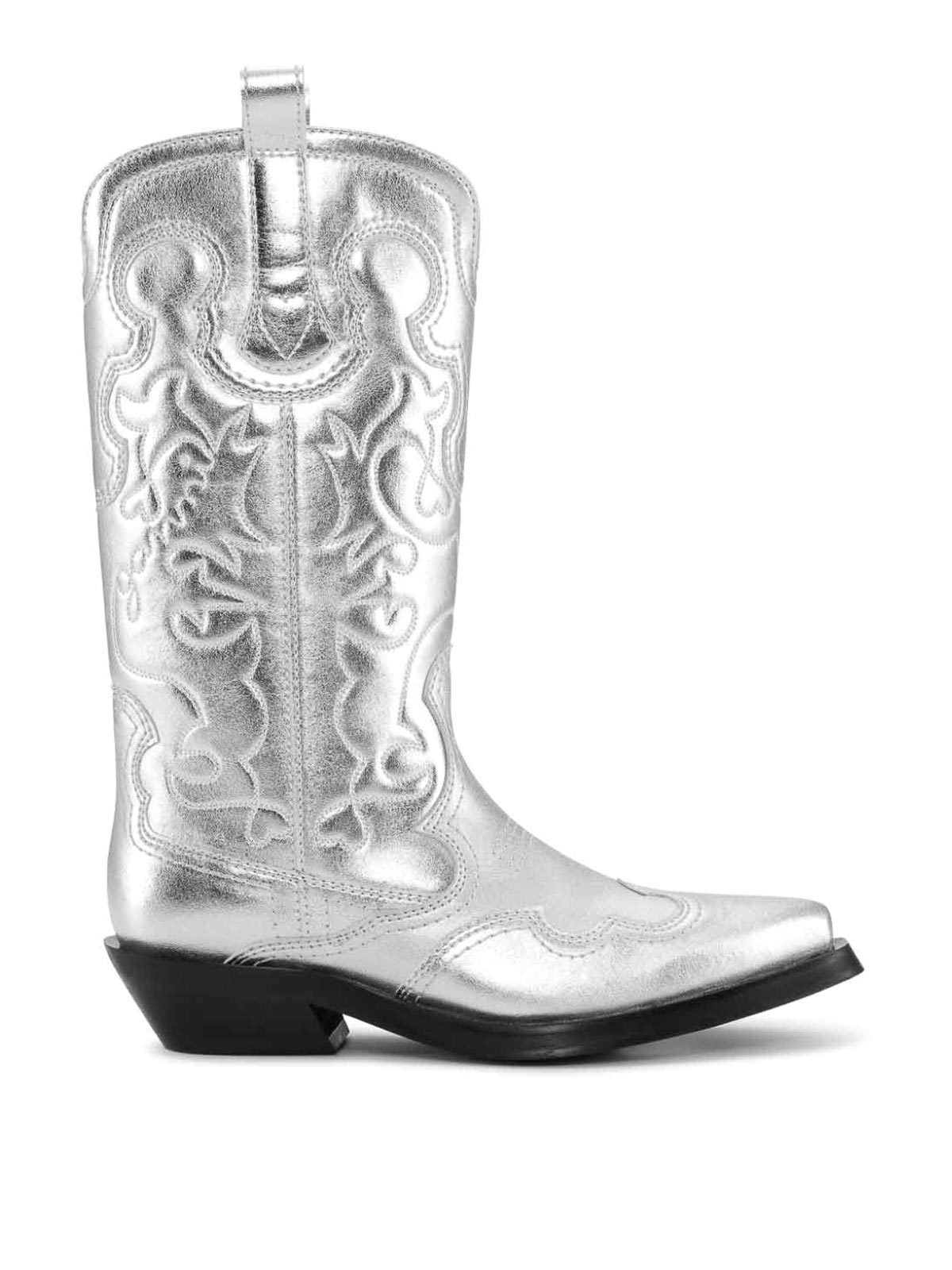 Ganni Western Boots In Silver