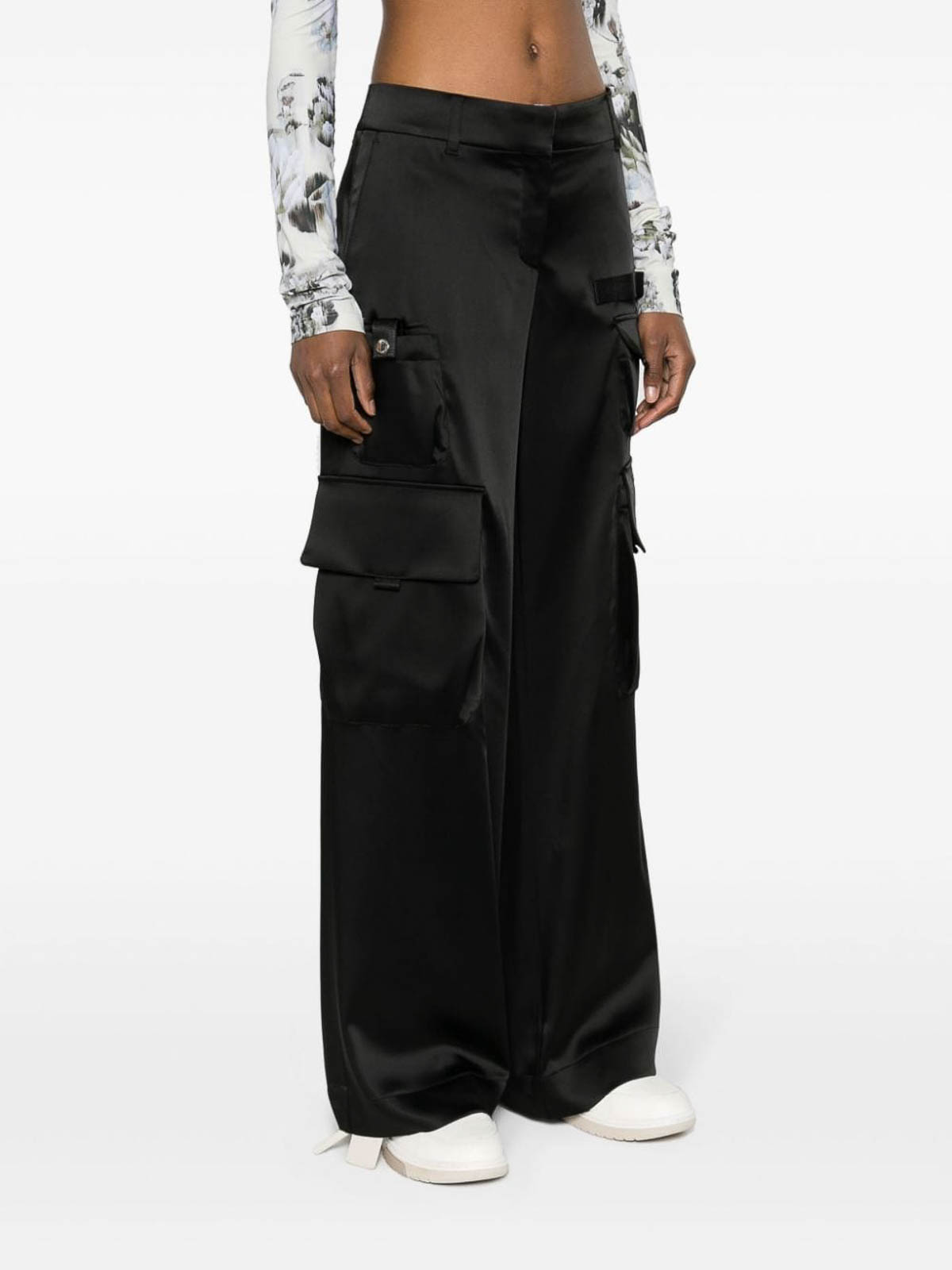Shop Off-white Satin Cargo Trousers In Black