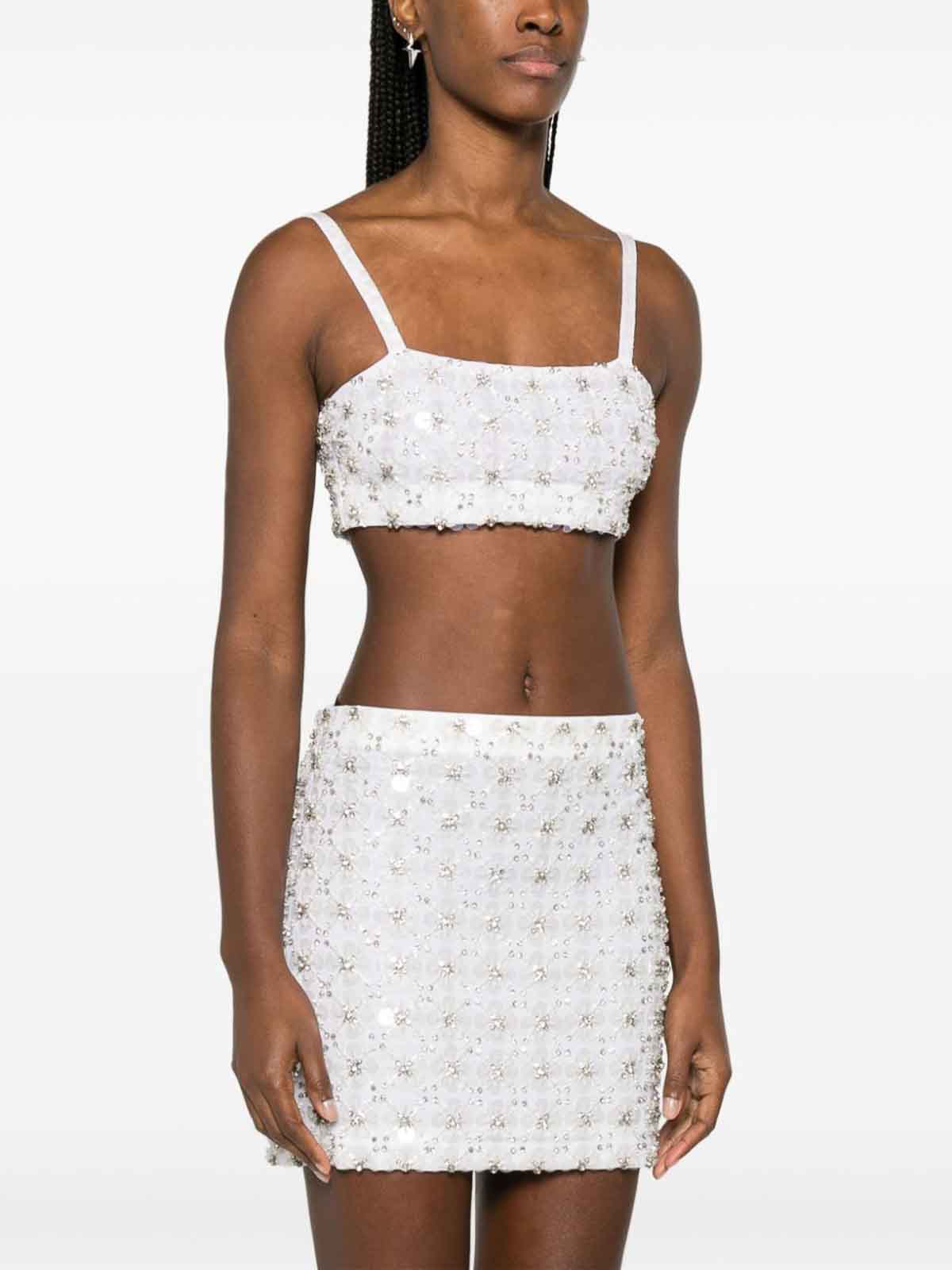 Shop P.a.r.o.s.h Rhinestone-embellished Mesh Cropped Top In White