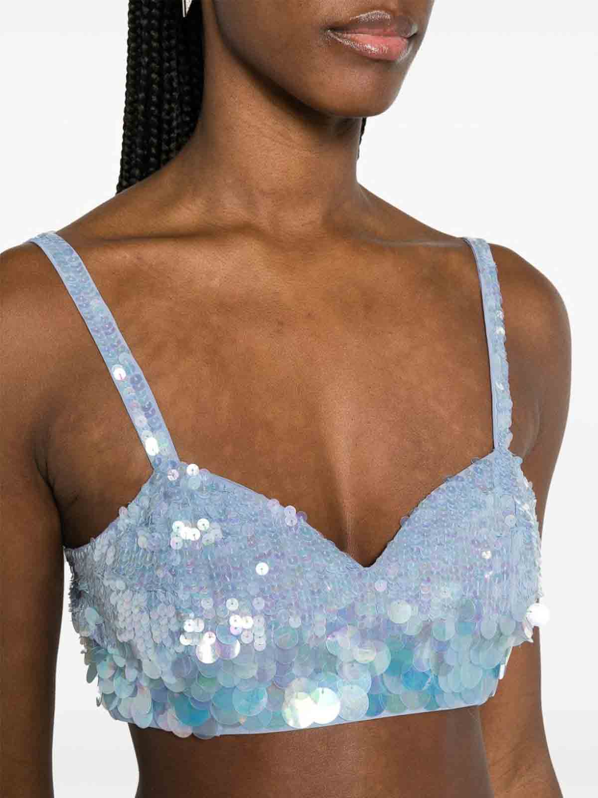 Shop P.a.r.o.s.h Iridescent Sequin Cropped Top In Light Blue