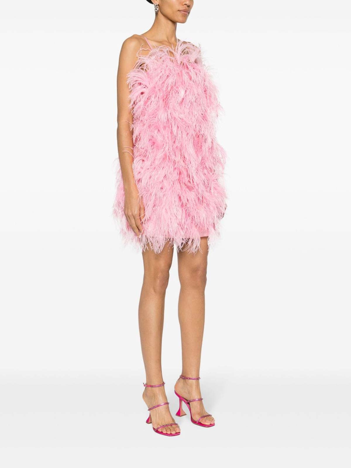 Shop Msgm Square-neck Ostrich-feather Minidress In Nude & Neutrals