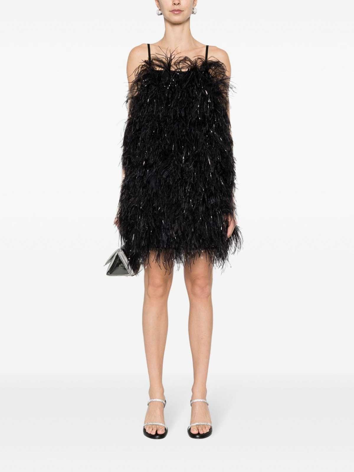 Shop Msgm Square-neck Ostrich-feather Minidress In Black