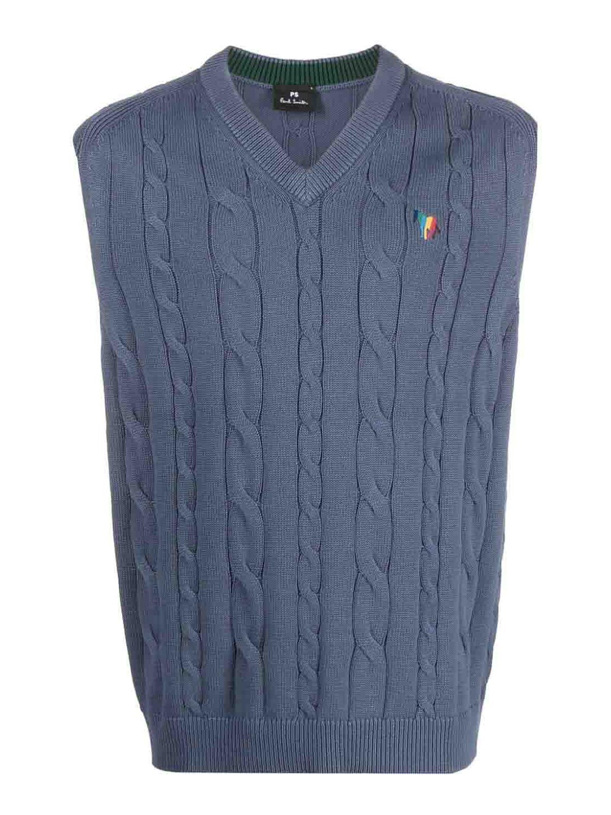 Paul Smith Logo-embroidered Cable-knit Vest In Blue