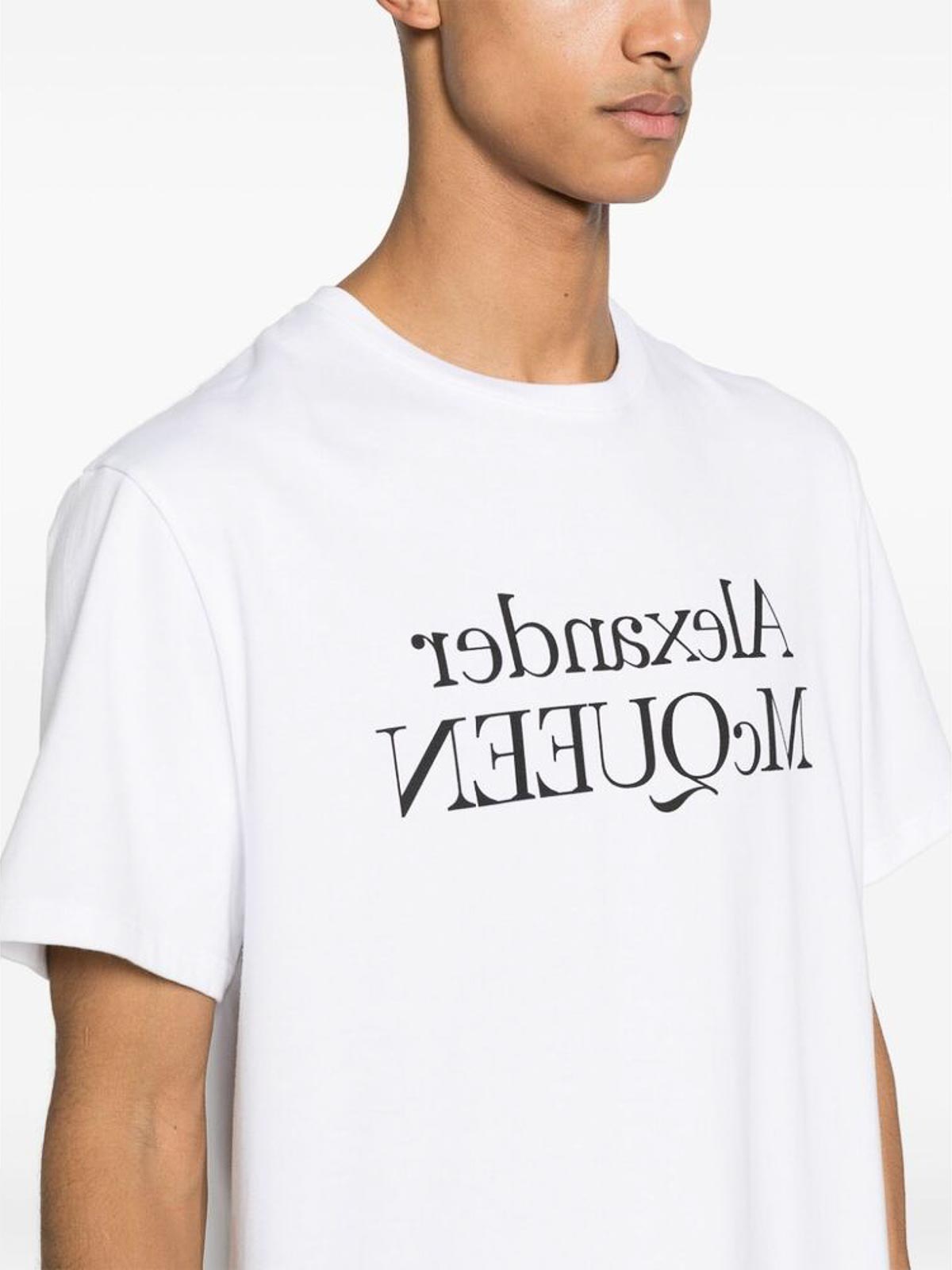 alexander mcqueen リフレクティブ リバース ロゴ Tシャツ 白 Alexander McQueen Men's Reflected Skull Print T-Shirt in