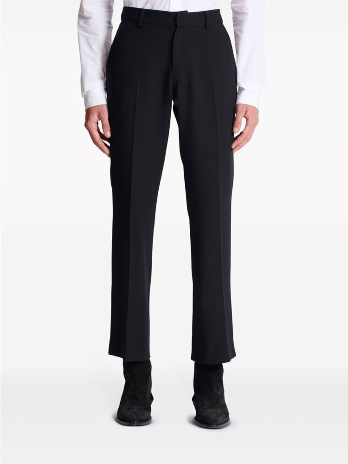 Shop Balmain Black Crepe Texture Button Pants