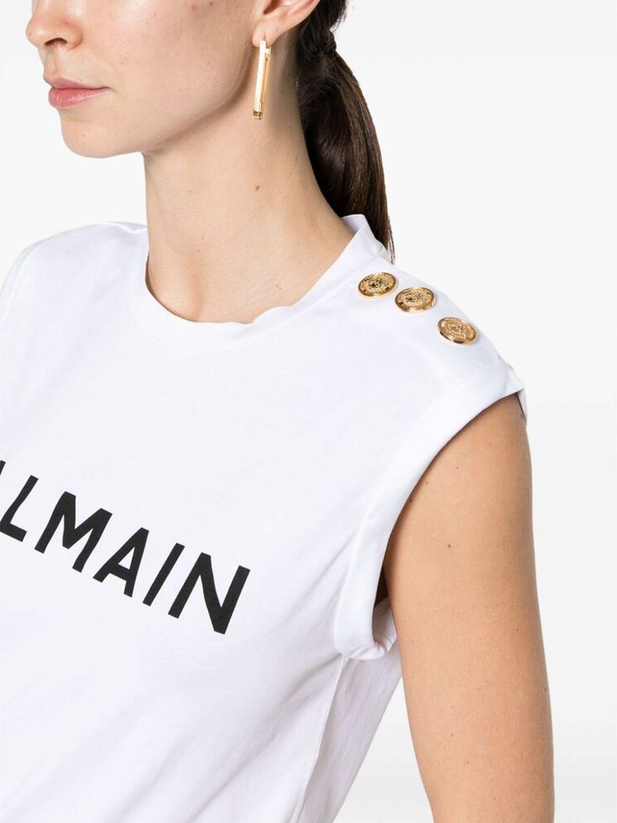 Balmain Optical White Button Shoulder Logo t-shirt|CF1ED001BB02GAB