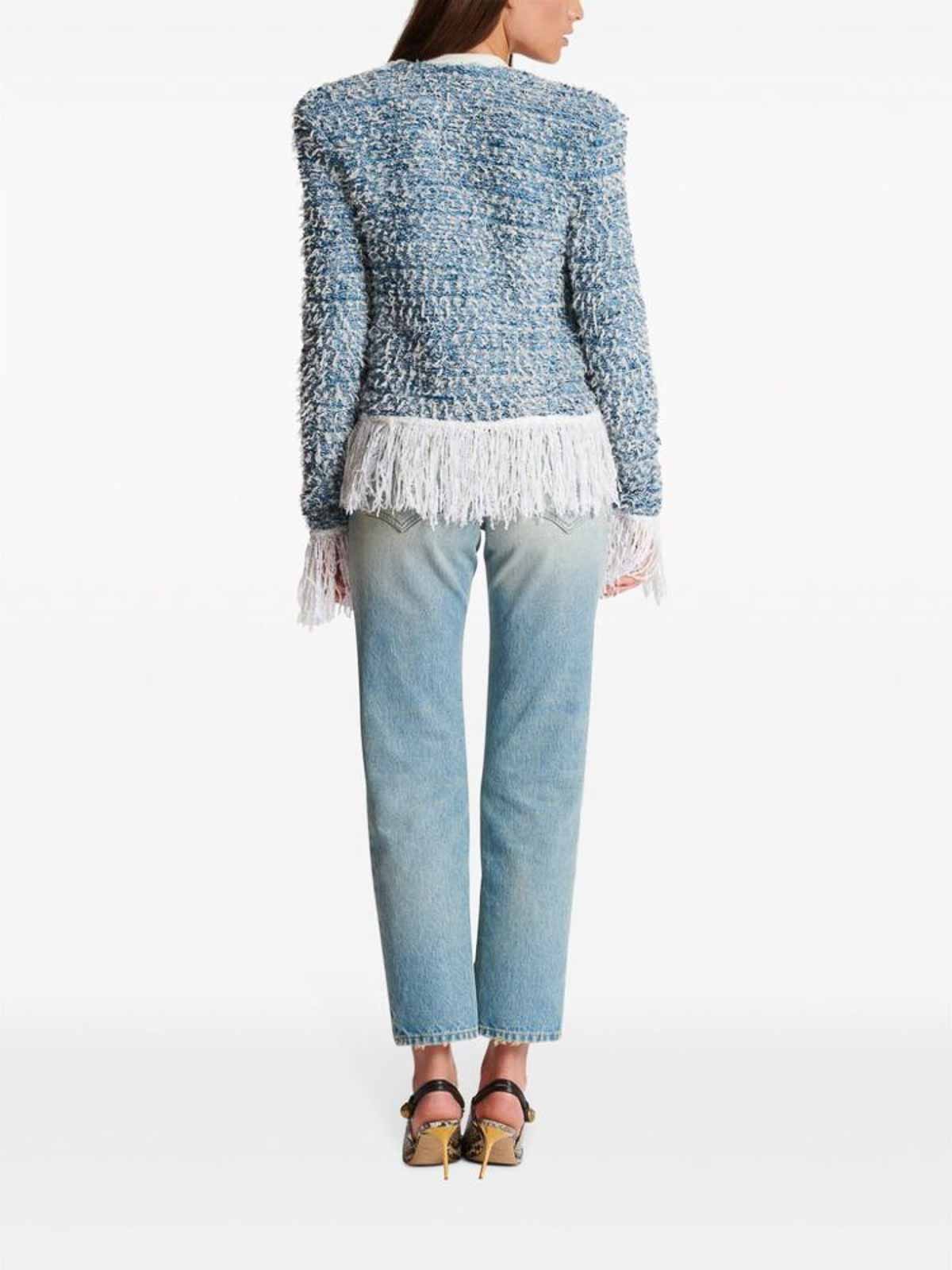 Shop Balmain Fringed Tweed Cardigan In Blue